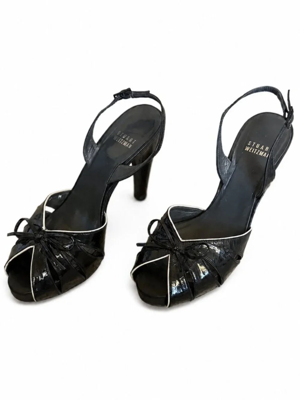 Stuart Weitzman Black Patent Bow Slingback Heels Size 7